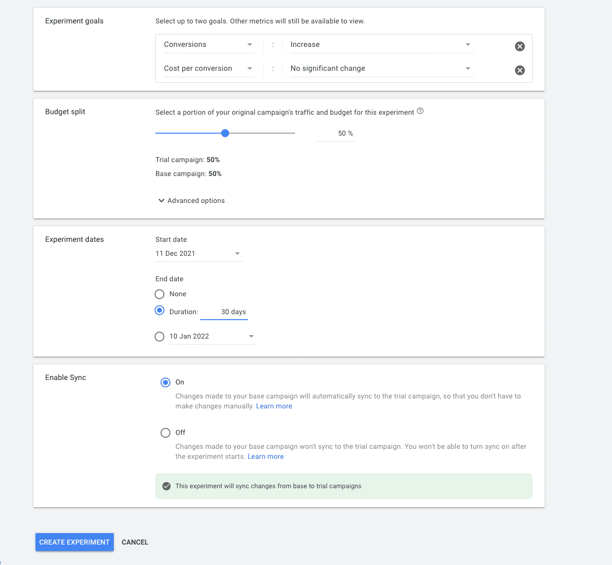 Custom experiments budget split and goal Google Ads