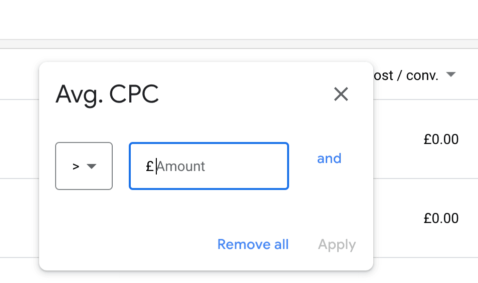 Filtering by CPC in Google ads for optimal cost per conversion.
