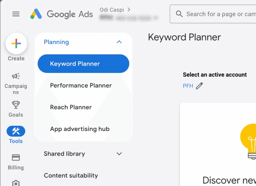 Launch keyword planner within Google Ads